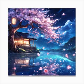 Warm Lantern Light on Cherry Blossom Lake Canvas Print