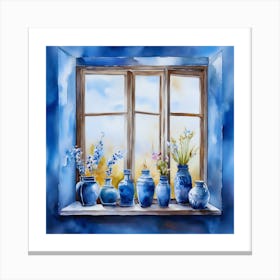 Blue wall. Open window. From inside an old-style room. Silver in the middle. There are several small pottery jars next to the window. There are flowers in the jars Spring oil colors. Wall painting.7 Canvas Print