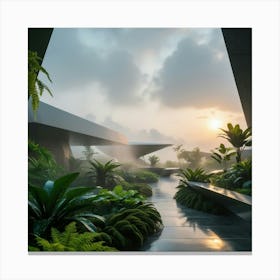 Futuristic Modern Garden peaceful sunrise 1 Canvas Print