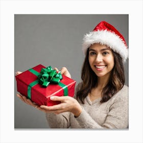 Happy Young Woman With Christmas Gift Canvas Print