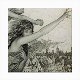 Woman With Outstretched Gesture And Other Spirits Over Townscape (1917) By Wladyslaw Theodore Benda Canvas Print