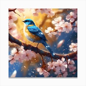 Blue Bird, Raindrops and Cherry Blossom Canvas Print