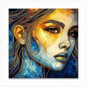 Portrait Of A Woman's Face In Stained Glass. An abstract artwork in blue, and orange colors with golden lines in artistic style. Canvas Print