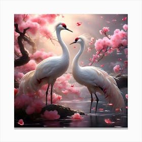 Two Cranes In Cherry Blossoms 2 Canvas Print