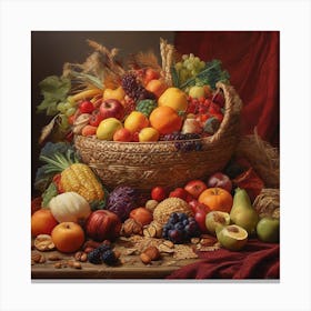Basket woven straw with fruits Canvas Print