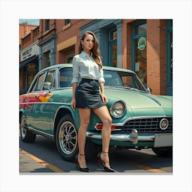 Woman Posing Next To Car Canvas Print