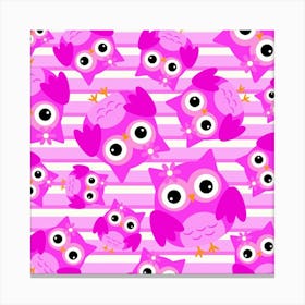 Pink Owls On A Striped Background Canvas Print