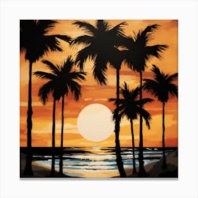 A Black Palm Trees Art Print Is Placed Against A Backdrop Of Golden Sands And A Vibrant Sunset 1 Canvas Print