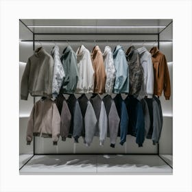 A rack of men's jackets and hoodies on a rack Canvas Print
