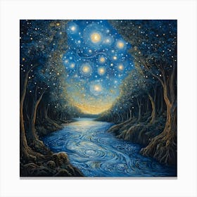 Celestial River Dreams – Starry Night Forest Landscape Wall Art With Flowing Stream Canvas Print