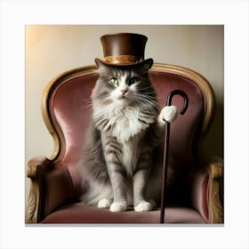 A Majestic Grey And White Domestic Cat With A Worn Brown Hat And A Cane On A Chair 3 Canvas Print