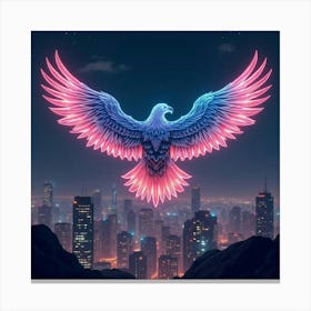 An Abstract Eagle With Wings Of Pulsating Neon Patterns Soaring Above A Futuristic Cityscape Canvas Print