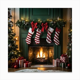 Festive Banner Draping Above A Fireplace Mantle Entwined With Candy Cane Decorations Red And White (2) Canvas Print