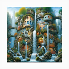 Inspired by the architectural fantasies of Friedensreich Hundertwasser: A gravity-defying building cascading down a waterfall Canvas Print