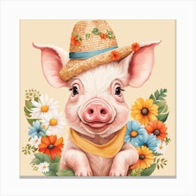 Floral Baby Pig Nursery Illustration (5) Canvas Print
