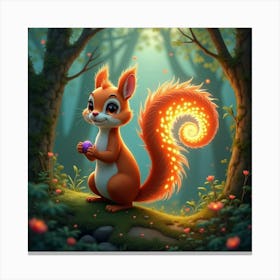 A Whimsical Squirrel With A Tail Of Glowing, Fractal Patterns Nestled In A Magical Forest Canvas Print