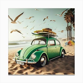 Green Vw Beetle On The Beach Front 3 Canvas Print