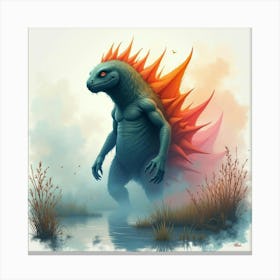 Monster Emerging From A Colorful Watercolor Misty Marsh 1 Canvas Print