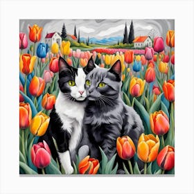 Cats In Tulips Canvas Print