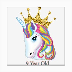 Kids Kids 9 Year Old 9nd Birthday Girls Unicorn Face Canvas Print