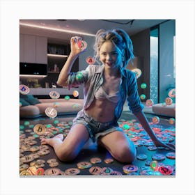 Girl Sitting On The Floor With Coins Canvas Print