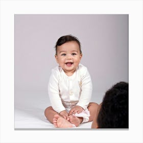 Beaming Infant Grinning Widely Seated In A Softly Lit Studio Space Pastel Colored Backdrop Offers (2) Canvas Print