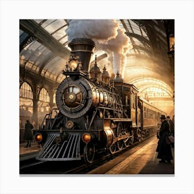 Steampunk Locomotive With Elaborate Gears And Pipes Victorian Era London Station As Backdrop Hazy Canvas Print