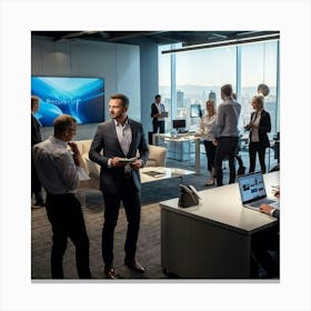 Confident Ceo Standing Center At A Sleek Modern Office Workshop Surrounded By Focused Team In Moti (3) Canvas Print