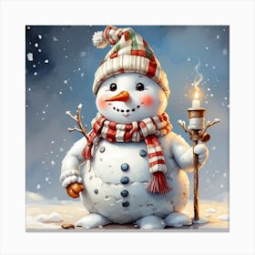 Snowman Holding A Candle Canvas Print