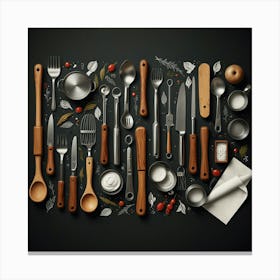 Kitchen Utensils On Black Background Canvas Print