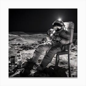 Black And White Photograph Of An Astronaut Drinking Coffee Canvas Print