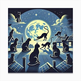 Cats And Moonlight Silhouettes Printed Art A Serene Illustration Of Cats Silhouetted Against The Moon, Perfect For Bringing Tranquility And Feline Grace To Any Cat Lover’S Space Printed Art Canvas Print