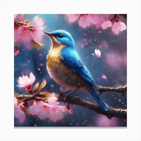 Blue and Gold Bird amongst the Falling Cherry Blossom Petals Canvas Print