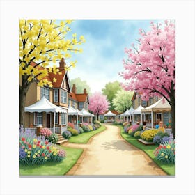 An English Village Spring Fair With Blooming Flowers And Activities, Watercolor 1 Canvas Print