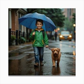 Leonardo Lightning Xl A Kid Walking His Dog In The Rainy Day H 2 Canvas Print