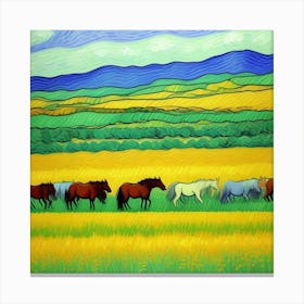 Horses In The Meadow Golden Field Canvas Print