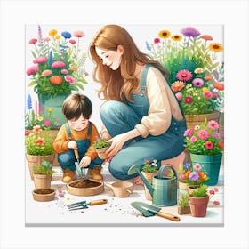 Mother And Child Gardening Canvas Print