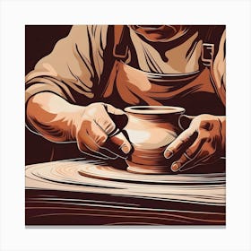 Potter Working On The Lathe, Brown Canvas Print