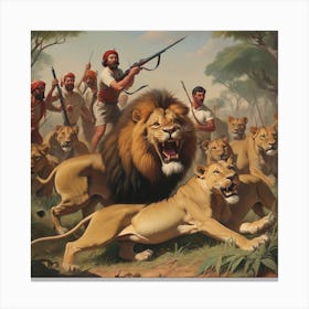 Lions And Men Canvas Print