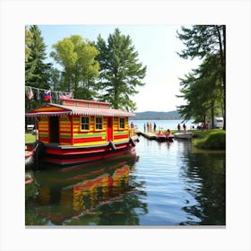 Colorful Houseboat Moored At A Lively Lakeside Campground 1 Canvas Print