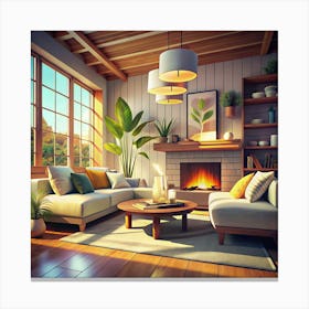 Cozy Living Room With Fireplace And Large Window Canvas Print