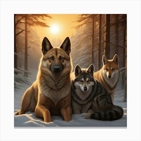 Three German Shepherds In The Snow Canvas Print