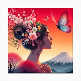 Woman With Butterfly And Cherry Blossoms Canvas Print