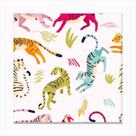 Colorful Tiger Pattern On White With Floral Decoration Square Canvas Print