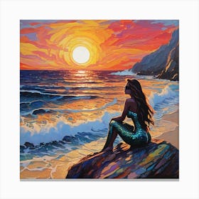 Lonely Mermaid By The Sea Sunset Canvas Print