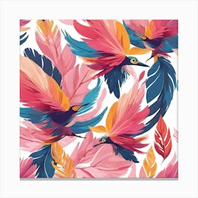 Feathers & Birds, Pink, Blue & Yellow Canvas Print