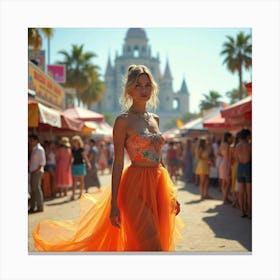 Stylish Lady In Watercolor Gown, Vibrant Festival Scene 1 Canvas Print