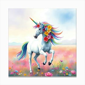 A Unicorn With Rainbow Colored Flowers In Its Mane, Galloping In A Vibrant Watercolor Field Canvas Print