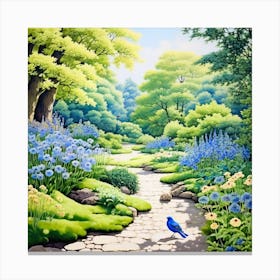 Blue Bird In The Garden Canvas Print