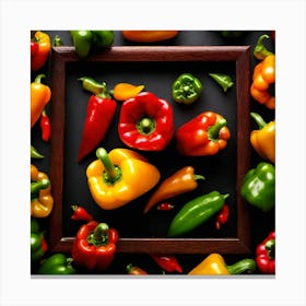 Colorful Peppers In A Wooden Frame 5 Canvas Print